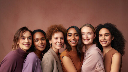 A lively gathering of young women is portrayed in a cheerful and vibrant photograph, emanating joy with a warm purple and brown tone.