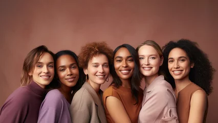 Foto op Aluminium A lively gathering of young women is portrayed in a cheerful and vibrant photograph, emanating joy with a warm purple and brown tone. © Surachetsh
