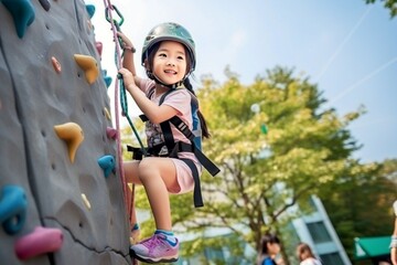 Asian child girl sports exercises climbing on climbing wall