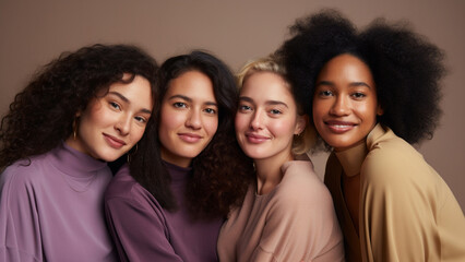 Obraz premium A lively gathering of young women is portrayed in a cheerful and vibrant photograph, emanating joy with a warm purple and brown tone. Generative AI.