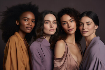 Fototapeta premium A lively gathering of young women is portrayed in a cheerful and vibrant photograph, emanating joy with a warm purple and brown tone. Generative AI.