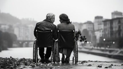Loving couple in wheelchairs.