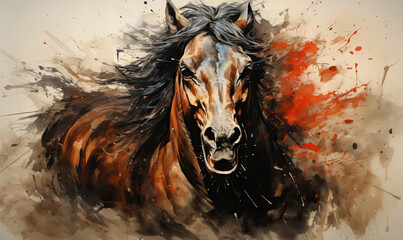 Beautiful dark stallion on an abstract background.