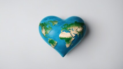 heart shaped globe A white background with an earth in the shape of a heart on it. The earth is blue and green 