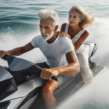 an elderly couple riding a jet ski. IA Generativa