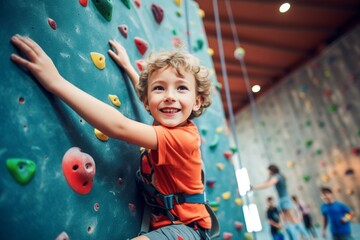 caucasian child boy sports exercises climbing on climbing wall - obrazy, fototapety, plakaty