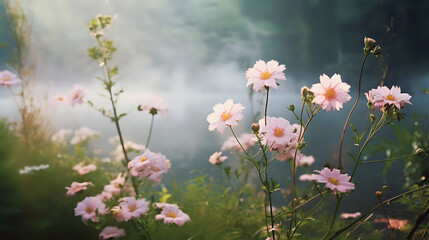 Fototapeta na wymiar flowers in the lake fog. Generative AI