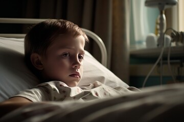 Side view of sad little boy with brown hair lying on medical bed in hospital looking away during treatment in clinic. Concept of sick children hospitalized, copy space right. - obrazy, fototapety, plakaty