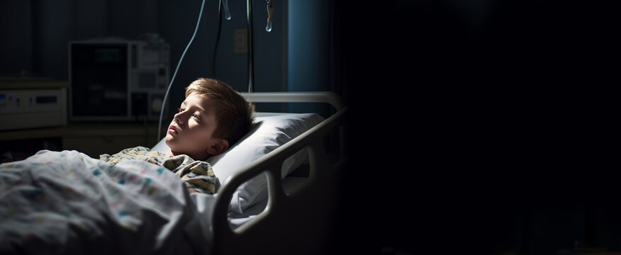 Sad and thoughtfully little boy with brown hair lying on medical bed in hospital looking away during treatment in clinic. Concept of sick children hospitalized, copy space right.