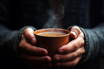 hands cradling a steaming mug of hot cider, snowflakes falling