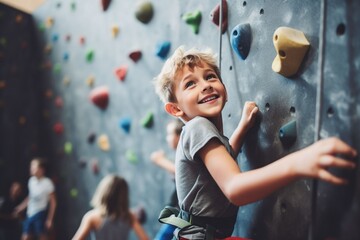 Fototapeta premium caucasian child boy sports exercises climbing on climbing wall