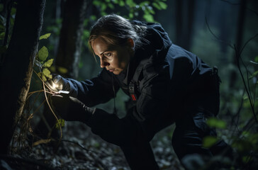 At dusk, a determined female police officer investigates evidence in the woods, shining her flashlight onto a tree branch with leaves. Her focused gaze reveals her dedication to the investigation - obrazy, fototapety, plakaty