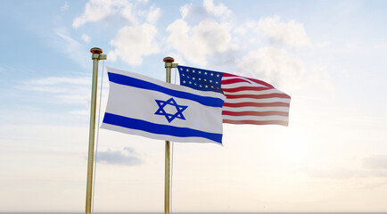Israel and United states flags waving against a blue sky background. 