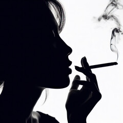 Obraz premium silhouette of woman smoking. cigarette burning in mouth isolated on white background. ai generative
