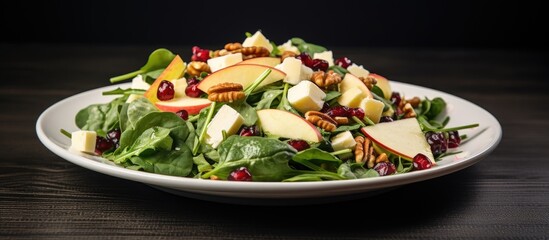 Autumn spinach salad with homemade apple walnut cheese and cranberries