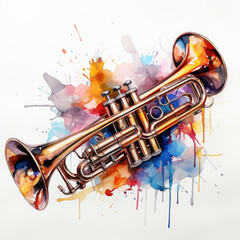 watercolor Trumpet full clipart, Generative Ai - obrazy, fototapety, plakaty