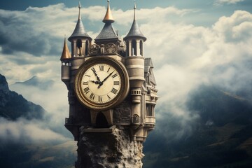 Enigmatic timepiece on mountainous castle. Generative AI - obrazy, fototapety, plakaty