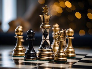 Luxury gold and black chess pieces on a chessboard. AI generative - obrazy, fototapety, plakaty