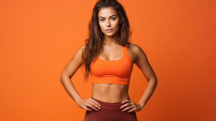 Obraz premium Confident Woman in Fitness Clothes on Orange Background
