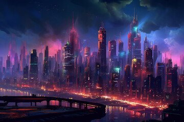 Neon city landscape. Megapolis. The city of virtual reality.