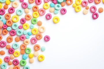 Colorful Cereal rings on white background. Flatlay composition with blank space to add text or logo. Ai Generative