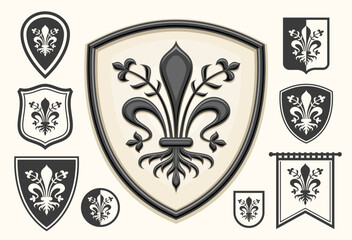 Vector Florence Emblem Set, horizontal poster with lot collection of 9 isolated illustrations of black and white florence coat of arms, decorative flag with group of art historical florentine symbols - obrazy, fototapety, plakaty