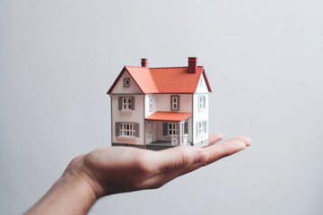 House model in woman hand on white background. Real estate concept.