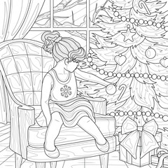The girl is sitting near the Christmas tree.Coloring book antistress for children and adults. 