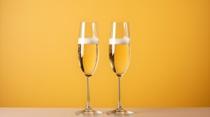 Two isolated Champagne Glasses in front of an light yellow Background. Festive Template for Holidays and Celebrations
