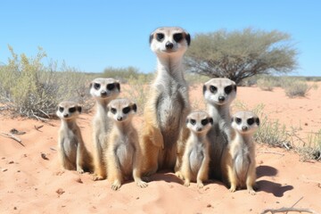 Fototapeta premium The playful and social nature of meerkats in South Africa. This endearing landscape, with meerkats in their natural habitat, showcases their curious behavior and cooperative interactions. The playful