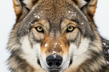 A striking high-key portrait of a majestic wolf against a clean white background. The wolf's piercing eyes and strong features convey a sense of wild beauty and resilienc
