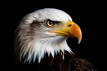 Obraz premium A majestic high-key portrait of a bald eagle against a clean white background. The eagle's intense gaze and sharp beak symbolize freedom and powe