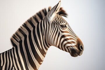 Fototapeta na wymiar A captivating high-key portrait of a zebra against a clean white background. The zebra's bold stripes and alert expression create a sense of uniqueness and allure, highlighting the distinctive beauty
