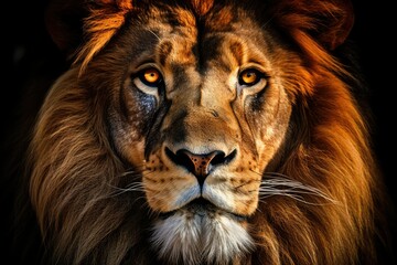 Naklejka premium A stunning high-key portrait of a majestic lion against a bright white background. The lion's piercing eyes and noble expression captivate the viewer, showcasing the regal beauty of this magnificent c