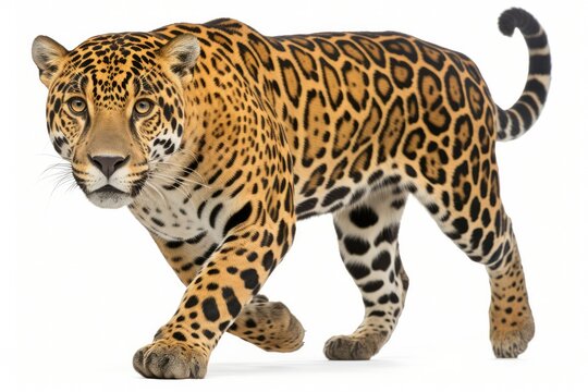 A striking high-key portrait of a sleek and powerful jaguar against a bright white background. The jaguar's intense stare and muscular physique evoke a sense of wild beauty and primal strengt