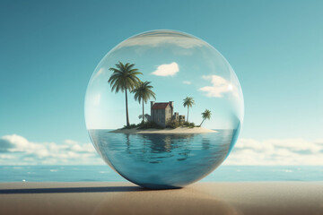 Tropical island in a crystal ball. 3D rendering. - obrazy, fototapety, plakaty