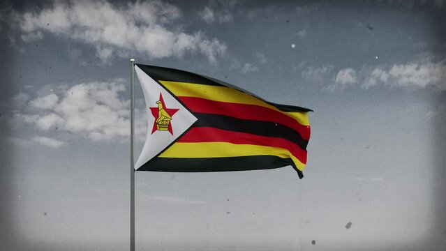 Zimbabwe flag waving in the wind on sky background with vignette, vintage color film and retro effect. Digital animation for video content, social media, reels etc. High quality 4K resolution.