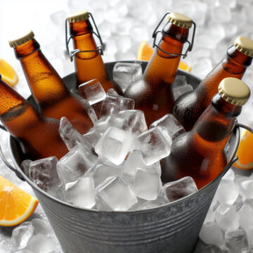 beer bottles in bucket full of ice cubes isolated on white background. ai generative