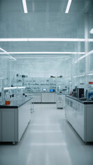 Interior of a high-tech laboratory with advanced equipment, glass walls, and a scientific vibe.