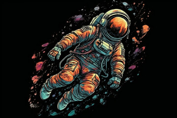 Astronaut in outer space. Colorful illustration on black background.