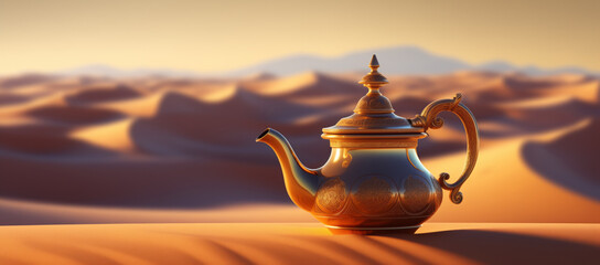 Oriental gold teapot lying on the sand in the desert dunes