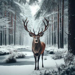 deer in a snow forest. ai generative