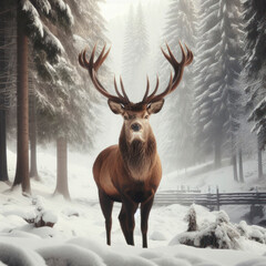 deer in a snow forest. ai generative