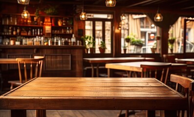 Elegant lounge vibes. Modern bar interior. Cafe comfort. Empty wooden table interior. Nightlife bliss. Stylish pub decor for evening out. Fine dining in style. Restaurant with vintage flair
