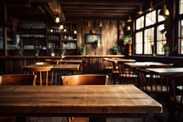Elegant lounge vibes. Modern bar interior. Cafe comfort. Empty wooden table interior. Nightlife bliss. Stylish pub decor for evening out. Fine dining in style. Restaurant with vintage flair - obrazy, fototapety, plakaty