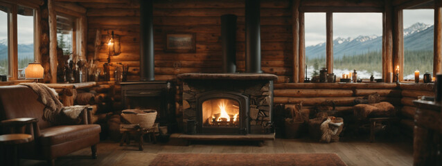 Interior of an Alaskan wilderness cabin with cozy log walls, a fireplace, and rustic decor. - obrazy, fototapety, plakaty