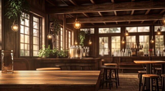 Elegant lounge vibes. Modern bar interior. Cafe comfort. Empty wooden table interior. Nightlife bliss. Stylish pub decor for evening out. Fine dining in style. Restaurant with vintage flair