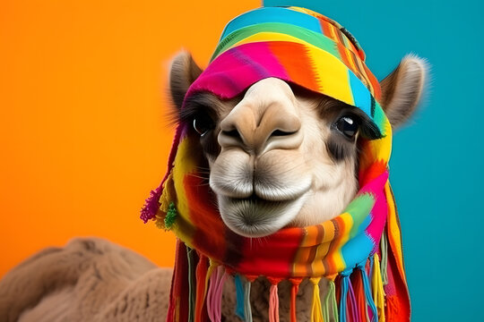 Studio portrait of a camel wearing knitted hat, scarf and mittens. Colorful winter and cold weather concept.