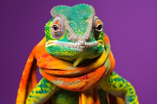 Studio portrait of a chameleon wearing knitted hat, scarf and mittens. Colorful winter and cold weather concept.