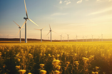 Onshore wind farm are part of renewable and clean energy on the sunrise and blooming fields background